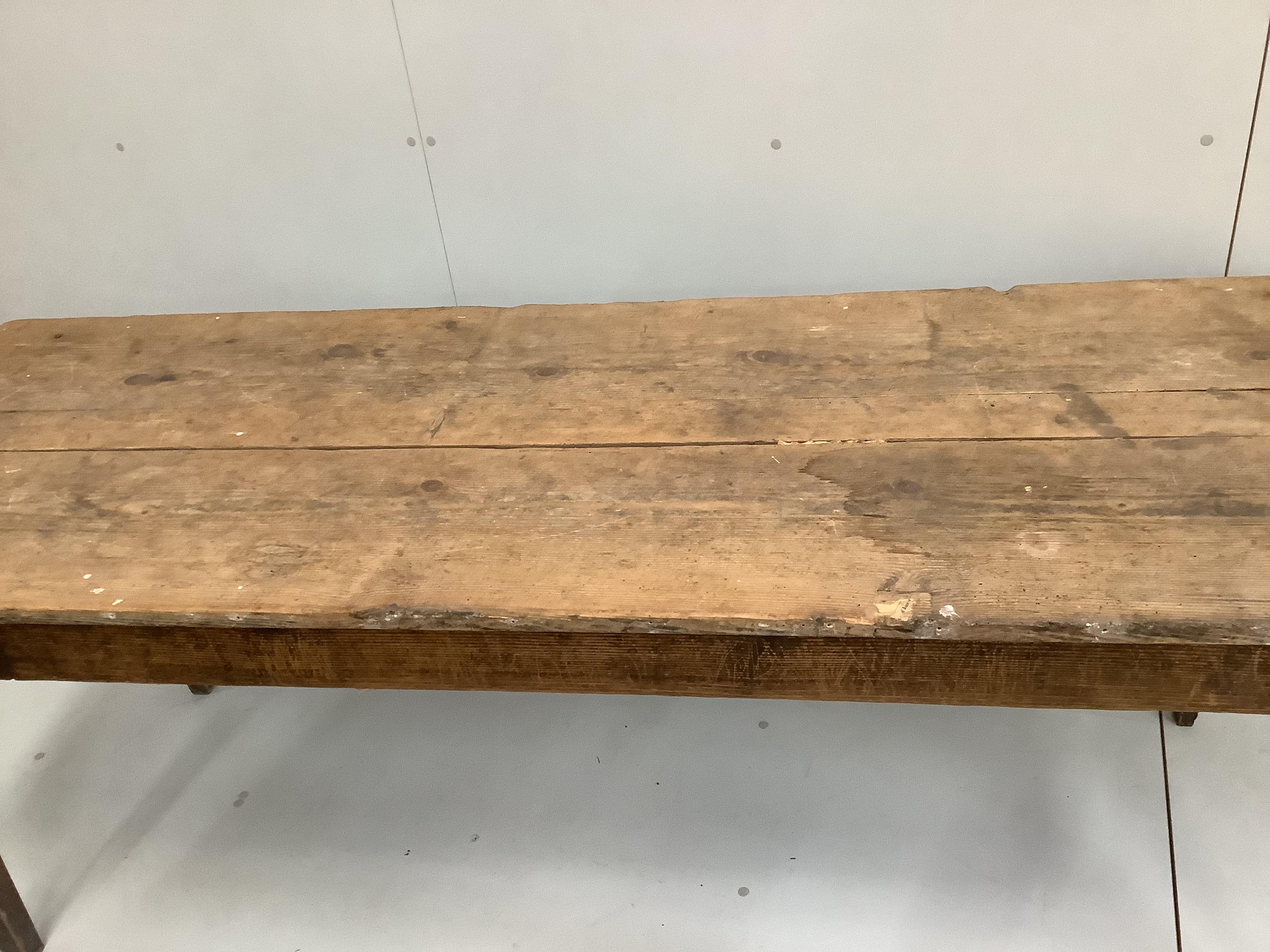A 19th century French provincial rectangular elm kitchen table, length 200cm, depth 70cm, height 74cm